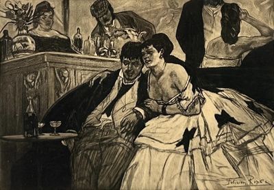 a drawing of a man and a woman sitting in a bar
