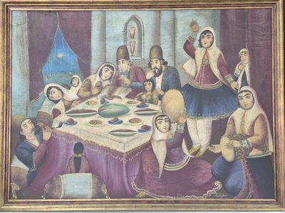 peinture d'un groupe de personnes assises autour d'une table dans une pièce