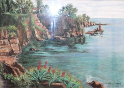 un tableau représentant une falaise rocheuse au bord de l'eau