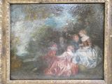 tableau représentant une famille dans un parc avec un chien et un chat