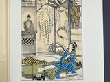 a picture of a woman sitting on a bed in a room