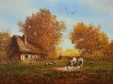 un tableau représentant des vaches paissant dans un champ, avec une maison au toit de chaume en arrière-plan