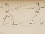 drawing of two men in fencing stance with sword in hand