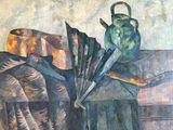 a painting of a tea pot and umbrella on a table