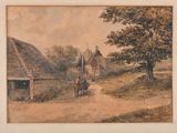 painting of a man riding a horse down a dirt road next to a village