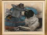 tableau représentant un chien et un chat assis sur un coussin bleu