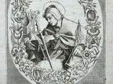 an old engraving of a woman with a sword and a wreath