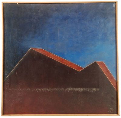 une peinture représentant un bâtiment rouge et noir avec un ciel bleu en arrière-plan