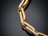a close up of a gold chain on a black background
