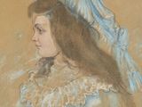 painting of a woman in a blue dress with a hat on her head