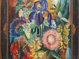 an oil painting of flowers in a vase on a table