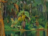une peinture à l'huile représentant une scène forestière avec un lac au premier plan