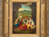 un tableau représentant un groupe de personnes assises dans un champ