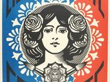 une affiche représentant une femme aux cheveux longs avec une rose dans les cheveux
