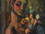 tableau représentant une femme tenant un vase de fleurs devant un tableau
