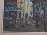 a painting of people walking down the street in the rain