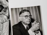 two black and white photos of a man and a woman in a fur coat