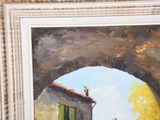 a painting of a bird sitting on top of a building