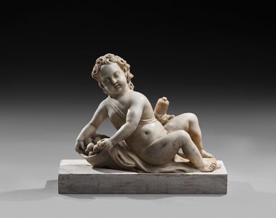 PUTTO ALLÉGORIQUE en marbre blanc sculpté représentant un en…
