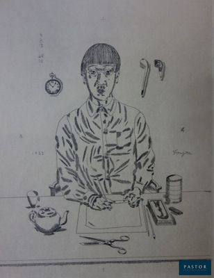 dessin au crayon représentant un homme assis à une table avec une tasse de café