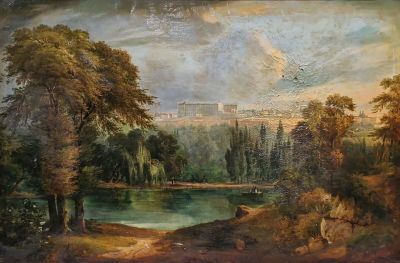 tableau représentant un tableau d'une rivière avec un château en arrière-plan