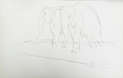 dessin représentant deux éléphants marchant en file indienne sur une feuille blanche