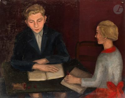 une peinture représentant un homme et une femme assis à une table