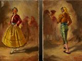 two paintings of a woman in a yellow dress and a man in a red shirt