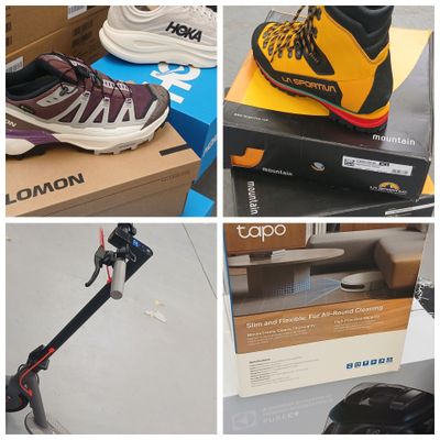 several pictures of various types of shoes on display in a store