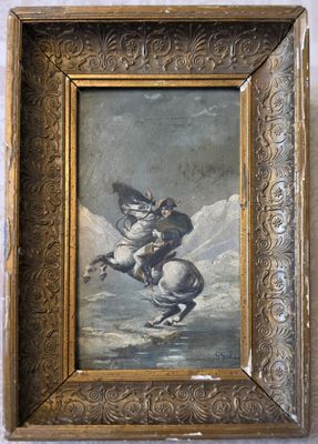 painting of a man on a horse in a gold frame on a wall