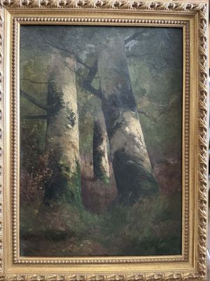 une peinture à l'huile représentant deux bouleaux dans un décor boisé
