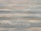a painting of a boat in the water with a message written on it