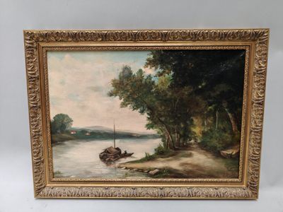 une peinture à l'huile représentant une scène de rivière avec un bateau au premier plan