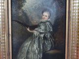 a painting of a woman in a green dress holding a fan
