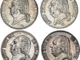 quatre types différents de pièces d'argent, dont l'une représente un buste et l'autre un buste