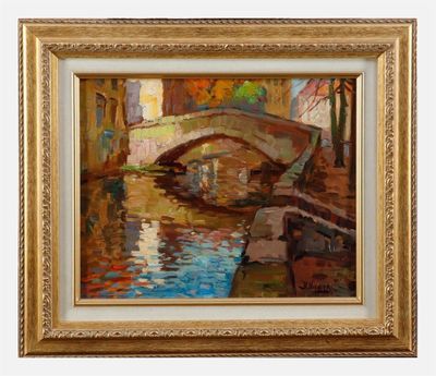 une peinture à l'huile représentant un pont au-dessus d'une rivière, dans un cadre doré