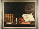 painting of a still life with books, a candle and a candle holder