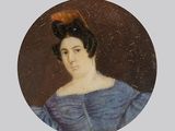 portrait of a woman in a blue dress with a feather on her head