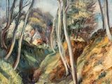 a painting of a dirt road with trees and houses in the background