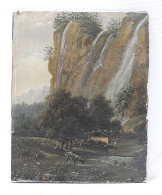 an image of a painting of a waterfall in the middle of a forest