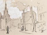 drawing of a street scene with a person walking a dog and a church steeple in the background