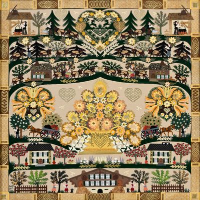 une peinture réalisée par une passionnée de patchwork représentant une scène champêtre avec des tournesols et des arbres