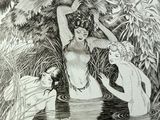 un dessin en noir et blanc représentant une femme et un homme dans l'eau