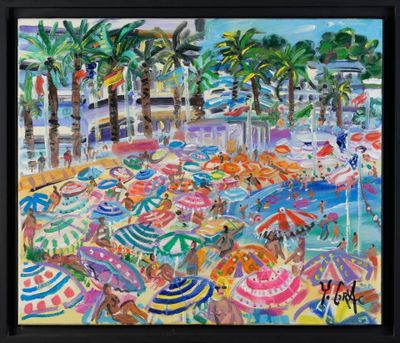 un tableau représentant une scène de plage avec des parasols et des palmiers