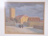 a painting of a horse and buggy on a road