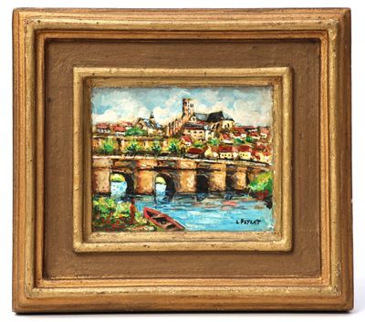 une peinture à l'huile représentant un pont enjambant une rivière, sur lequel se trouve un bateau