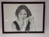 drawing of a woman in a black dress holding her hand to her chin
