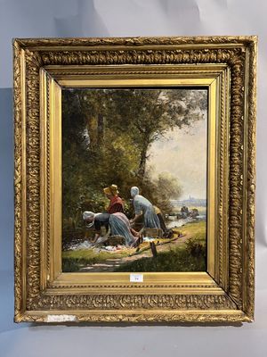 une peinture à l'huile représentant deux femmes assises sur une couverture dans un environnement boisé
