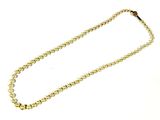 a close up of a gold chain with beads on a white background