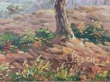 an oil painting of a tree in a field with a mountain in the background